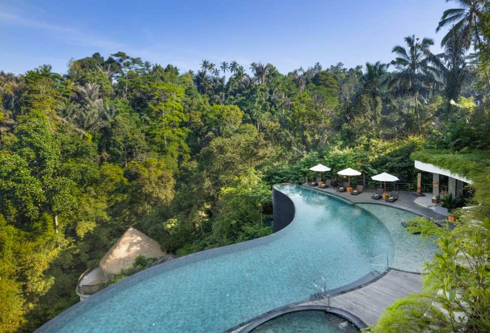 Infinity pool above the jungle valley at Cicada Resort Bali Ubud